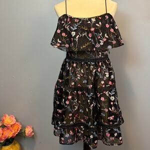 Adrianna Papell Black Embroidered Floral Tiered Whimsigoth Dress Ruffle Fairy 4